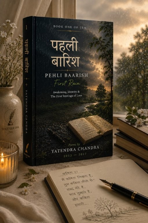 पहली बारिश — First Rain, Book One of Ten, in candlelight beside a handwritten journal